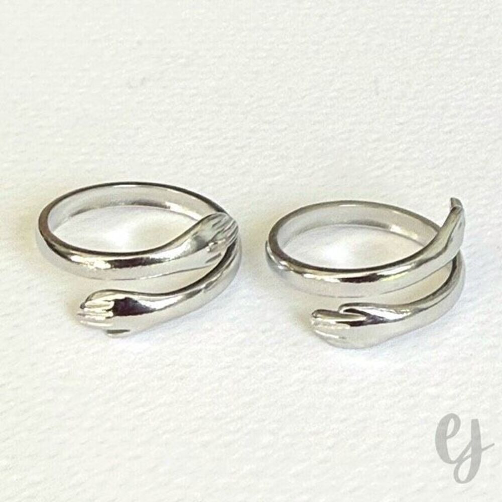 Hugging Hands Adjustable Ring Set – 2 Silver Tone Rings